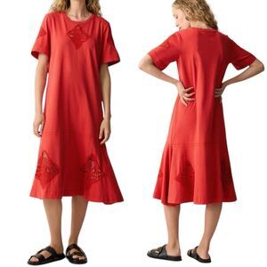 JIGSAW Embroidered Midi Tshirt Dress Luxury Lagenlook Artisan Red Orange Size XL